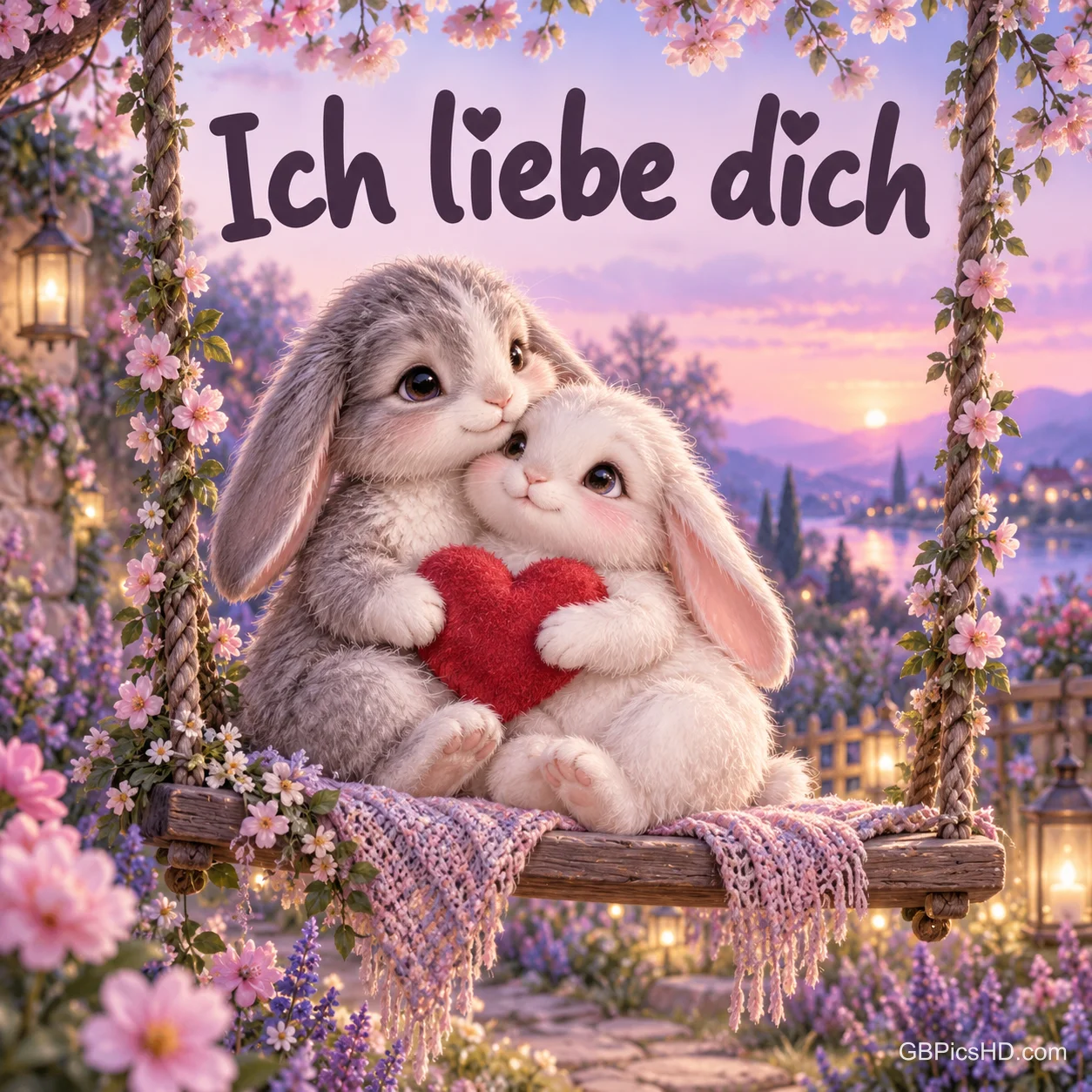 Zwei kuschelige Häschen sitzen eng umarmt mit einem roten Herz auf einer blumengeschmückten Schaukel im Abendlicht, darüber "Ich liebe dich" Zwei kuschelige Häschen sitzen eng umarmt mit einem roten Herz auf einer blumengeschmückten Schaukel im Abendlicht, darüber "Ich liebe dich"