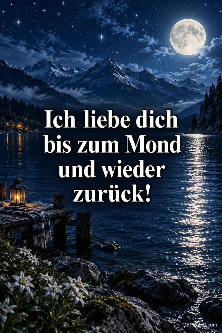 Vollmond über einem glitzernden Bergsee bei Nacht mit Steg, Laterne und weißen Blüten im Vordergrund, dazu "Ich liebe dich bis zum Mond und wieder zurück!"