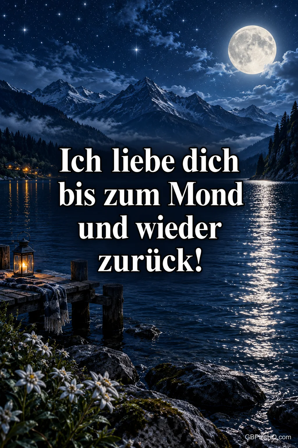 Vollmond über einem glitzernden Bergsee bei Nacht mit Steg, Laterne und weißen Blüten im Vordergrund, dazu "Ich liebe dich bis zum Mond und wieder zurück!" Vollmond über einem glitzernden Bergsee bei Nacht mit Steg, Laterne und weißen Blüten im Vordergrund, dazu "Ich liebe dich bis zum Mond und wieder zurück!"