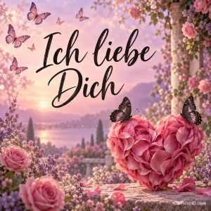 Ein Herz aus rosa Rosenblüten mit einem Schmetterling auf einer Steinmauer in einem romantischen Rosengarten bei Sonnenuntergang, darüber "Ich liebe Dich"