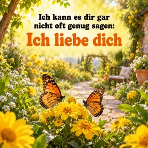 Zwei Monarchfalter auf gelben Blüten in einem sonnigen Garten mit Steinweg und Bank, darüber "Ich kann es dir gar nicht oft genug sagen: Ich liebe dich"