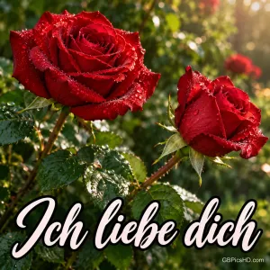 Zwei rote Rosen mit Tautropfen im sonnigen Garten, darunter in geschwungener weißer Schrift "Ich liebe dich"
