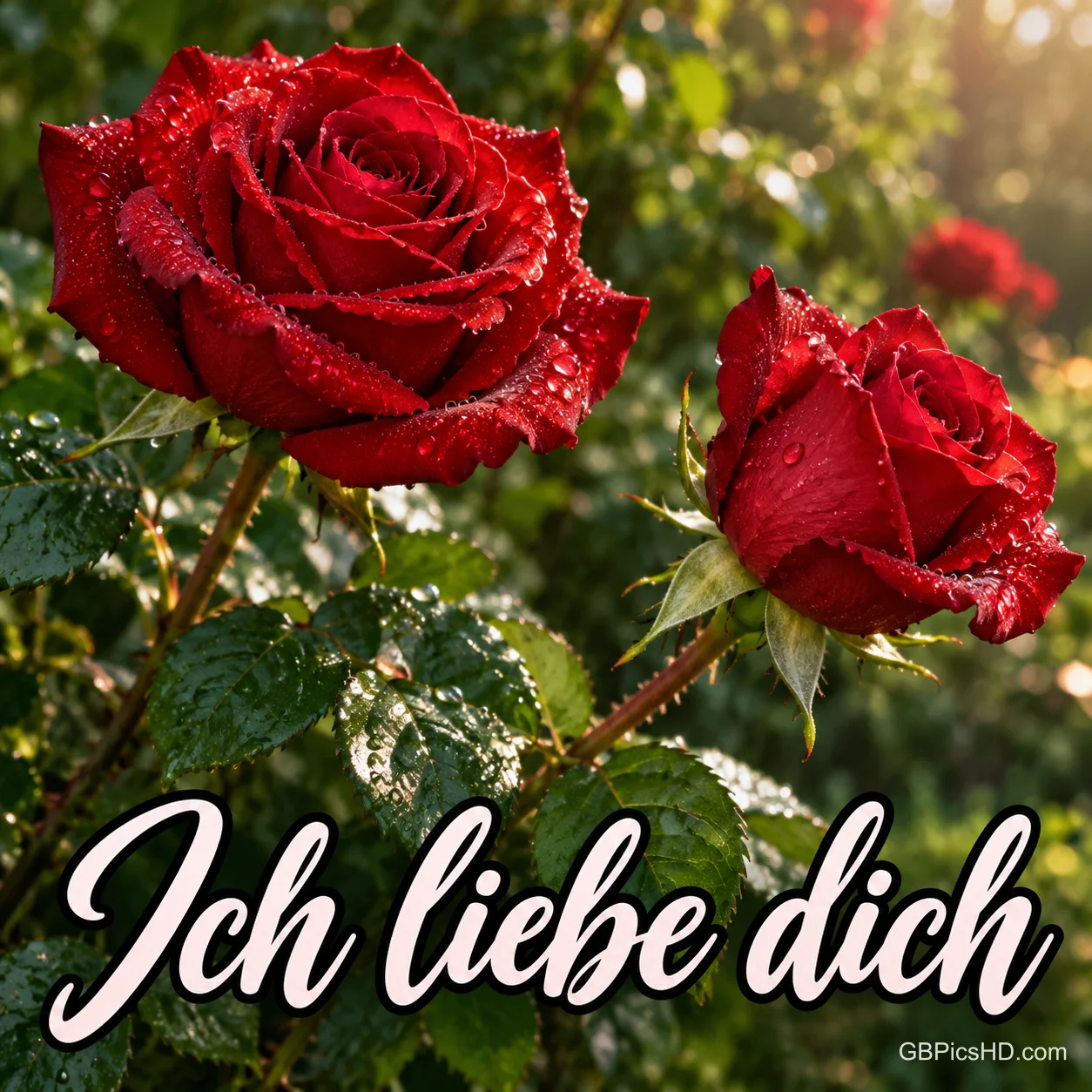Zwei rote Rosen mit Tautropfen im sonnigen Garten, darunter in geschwungener weißer Schrift "Ich liebe dich" Zwei rote Rosen mit Tautropfen im sonnigen Garten, darunter in geschwungener weißer Schrift "Ich liebe dich"