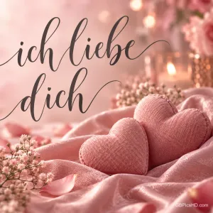 Zwei rosa Stoffherzen auf zartem Seidentuch mit Schleierkraut und Kerzenlicht, darüber in eleganter Schreibschrift "ich liebe dich"