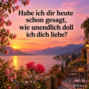 Romantische Terrasse mit roten Rosen über einem See bei Sonnenuntergang zwischen Bergen, darüber die Frage "Habe ich dir heute schon gesagt, wie unendlich doll ich dich liebe?"