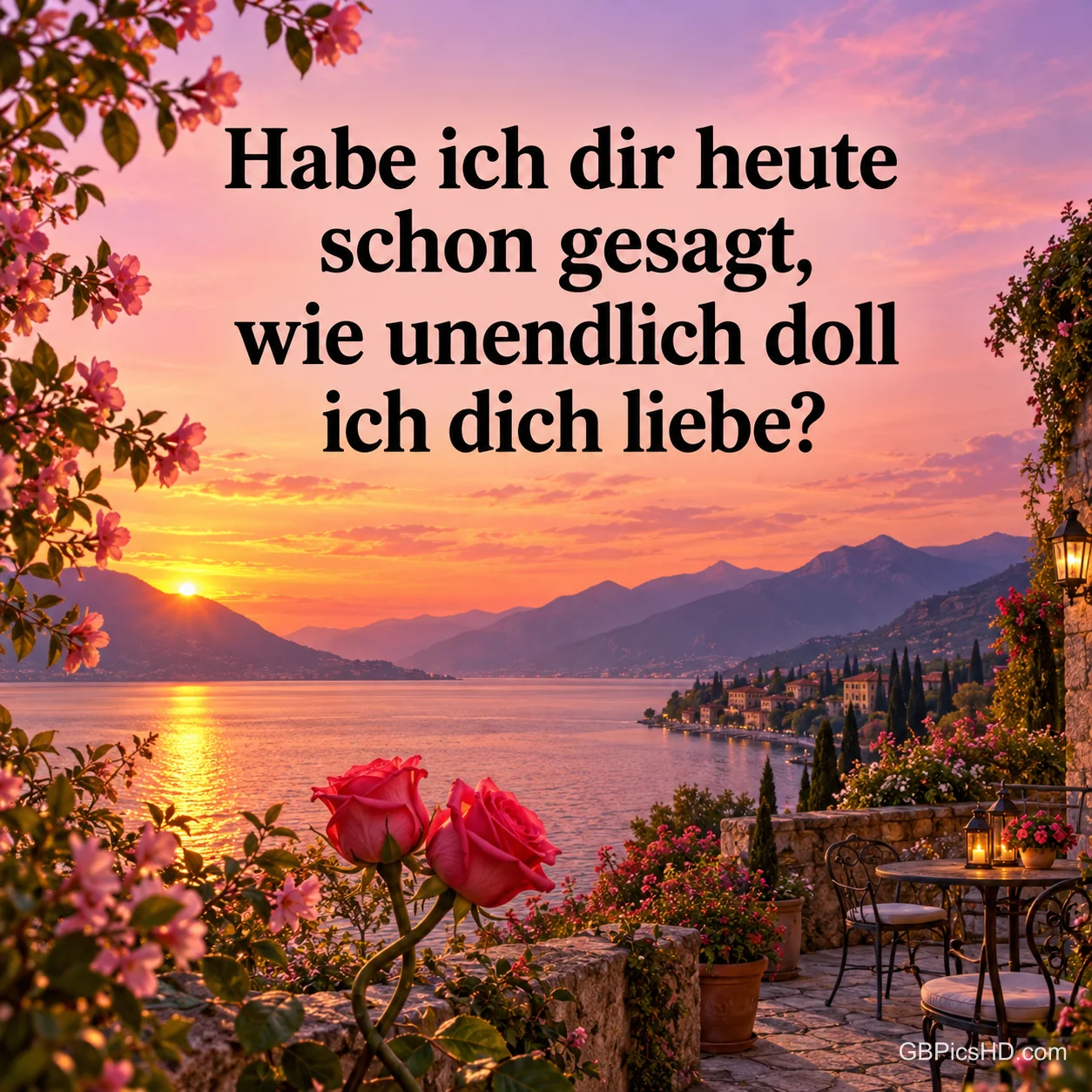 Romantische Terrasse mit roten Rosen über einem See bei Sonnenuntergang zwischen Bergen, darüber die Frage "Habe ich dir heute schon gesagt, wie unendlich doll ich dich liebe?" Romantische Terrasse mit roten Rosen über einem See bei Sonnenuntergang zwischen Bergen, darüber die Frage "Habe ich dir heute schon gesagt, wie unendlich doll ich dich liebe?"