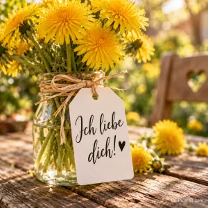 Ein Glas mit gelben Löwenzahnblüten auf einem Holztisch im Sonnenlicht, daran ein weißer Anhänger mit "Ich liebe dich!" und einem kleinen Herz