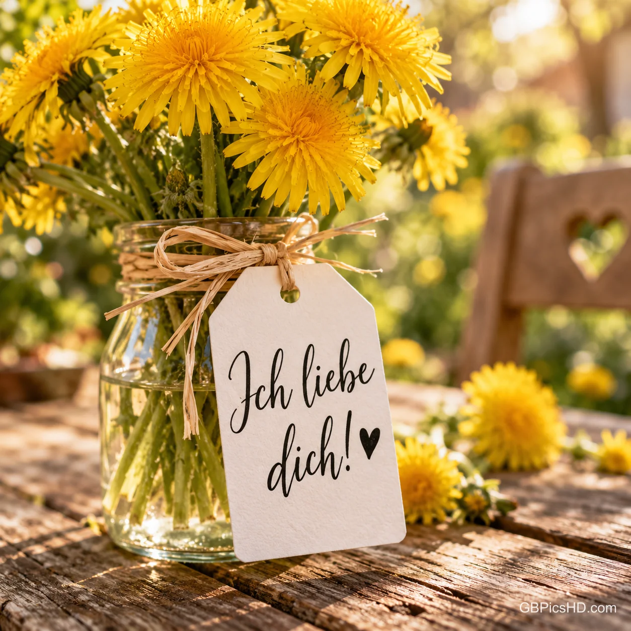 Ein Glas mit gelben Löwenzahnblüten auf einem Holztisch im Sonnenlicht, daran ein weißer Anhänger mit "Ich liebe dich!" und einem kleinen Herz Ein Glas mit gelben Löwenzahnblüten auf einem Holztisch im Sonnenlicht, daran ein weißer Anhänger mit "Ich liebe dich!" und einem kleinen Herz