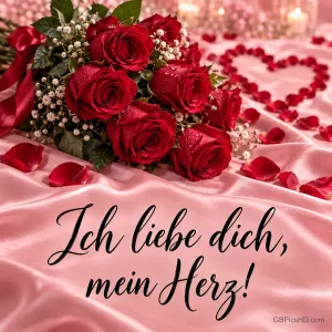 Ein Strauß roter Rosen mit Schleierkraut auf rosa Satin, daneben ein Herz aus Rosenblättern und Kerzen, darunter "Ich liebe dich, mein Herz!"