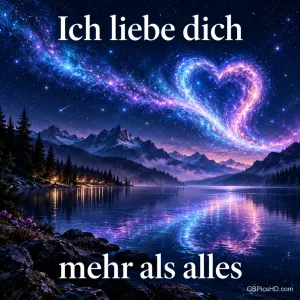 Eine leuchtende Milchstraße formt ein Herz über einem stillen Bergsee bei Nacht, dazu der Text "Ich liebe dich mehr als alles"