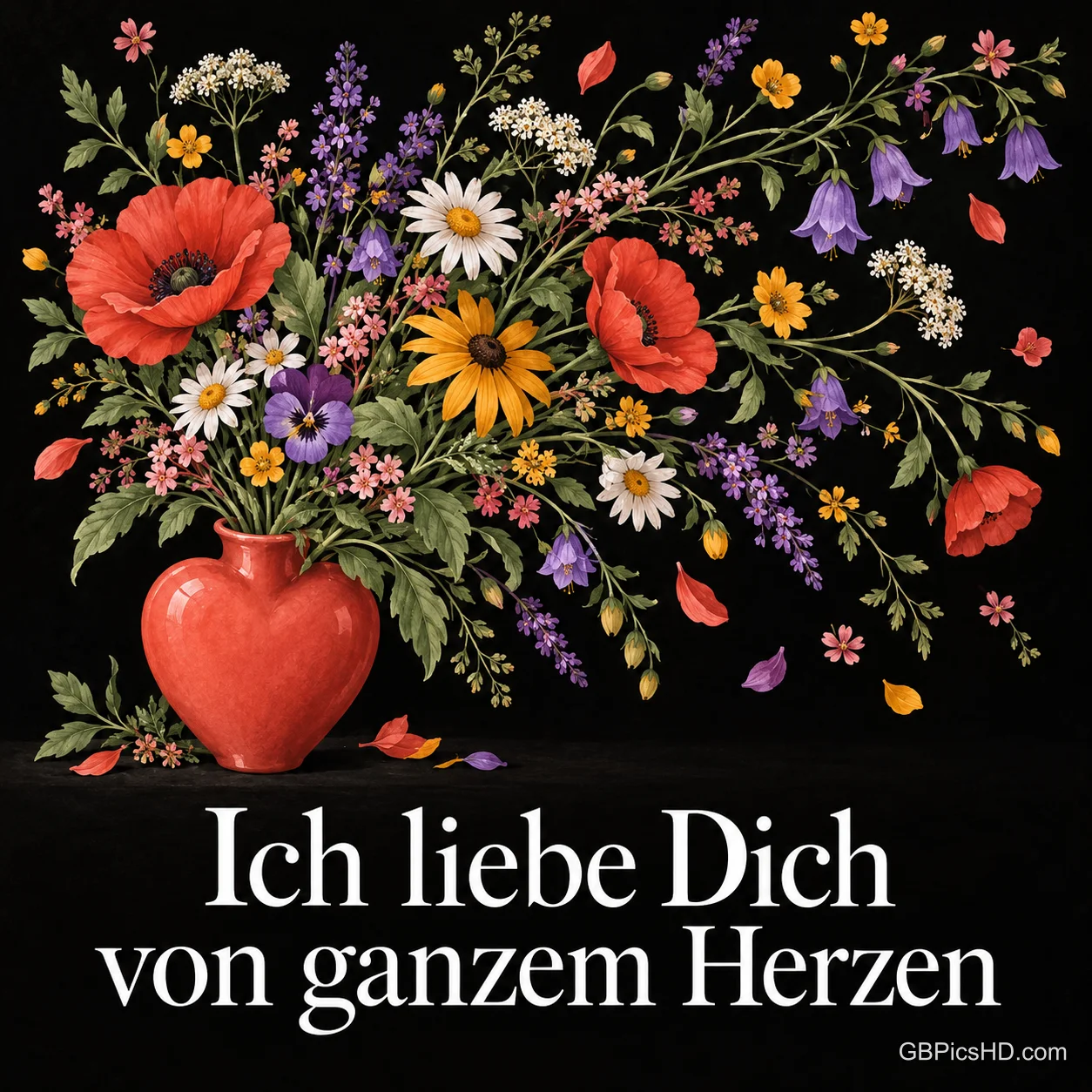 Rote herzförmige Vase mit üppigem Wildblumenstrauß aus Mohn, Margeriten und Glockenblumen auf schwarzem Hintergrund, darunter der Text "Ich liebe Dich von ganzem Herzen" Rote herzförmige Vase mit üppigem Wildblumenstrauß aus Mohn, Margeriten und Glockenblumen auf schwarzem Hintergrund, darunter der Text "Ich liebe Dich von ganzem Herzen"