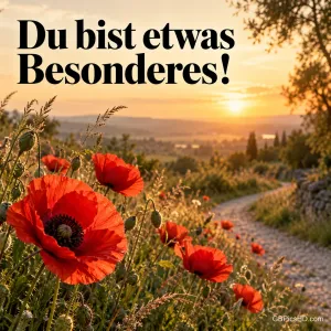 Rote Mohnblumen an einem Feldweg im Sonnenuntergang mit dem Text "Du bist etwas Besonderes!".