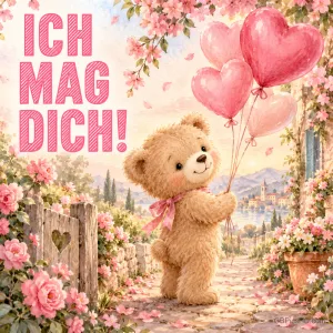 Ein Teddybär mit herzförmigen Luftballons steht in einem blühenden Rosengarten, daneben "ICH MAG DICH!".