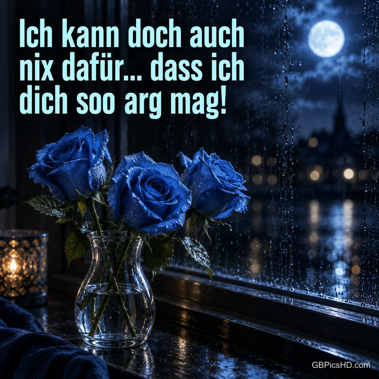 Blaue Rosen in einer Glasvase am regennassen Fenster bei Mondschein, dazu "Ich kann doch auch nix dafür... dass ich dich soo arg mag!".