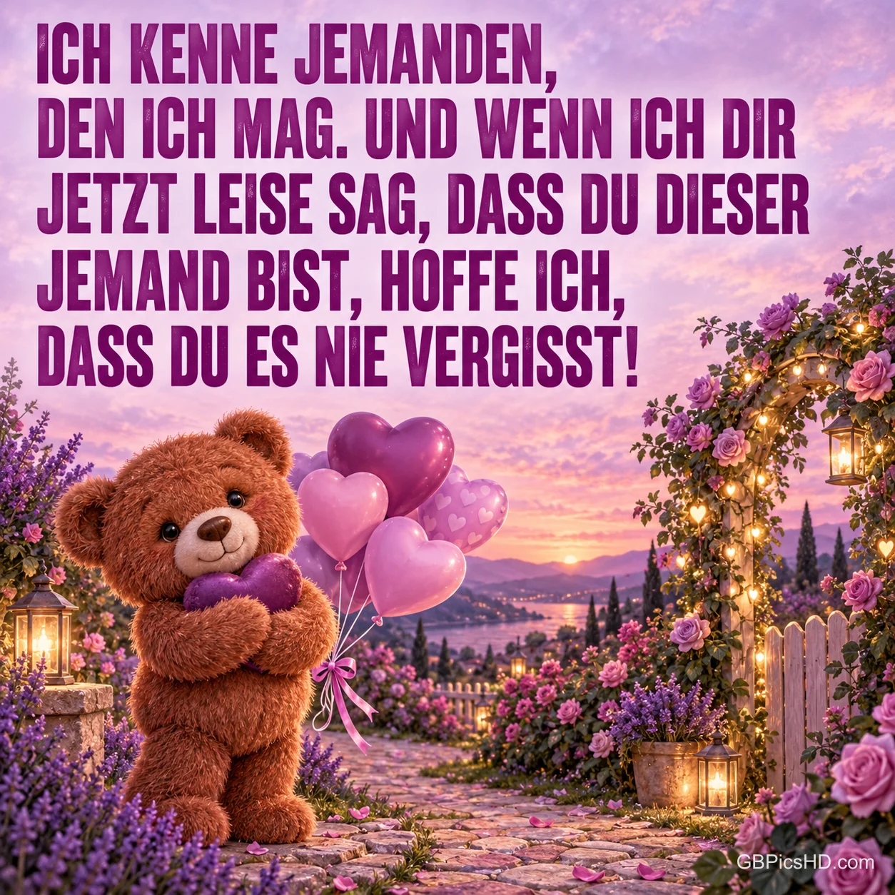 Ein Teddybär mit Herz und lila Luftballons in einem Lavendelgarten, darüber steht "Ich kenne jemanden, den ich mag …".