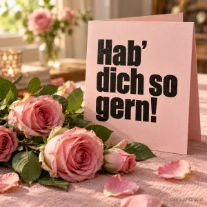 Eine rosa Klappkarte mit "Hab' dich so gern!" steht zwischen rosa Rosen und Blütenblättern auf dem Tisch.