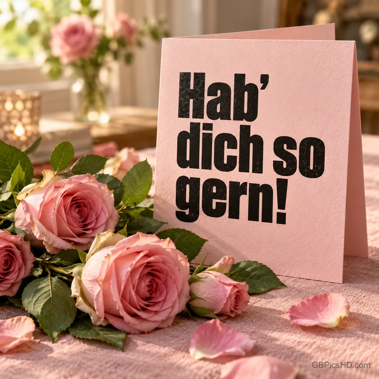 Eine rosa Klappkarte mit "Hab’ dich so gern!" steht zwischen rosa Rosen und Blütenblättern auf dem Tisch.