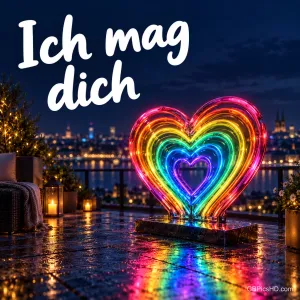 Ein leuchtendes Neonherz in Regenbogenfarben spiegelt sich auf einer nächtlichen Terrasse über der Stadt, dazu "Ich mag dich".