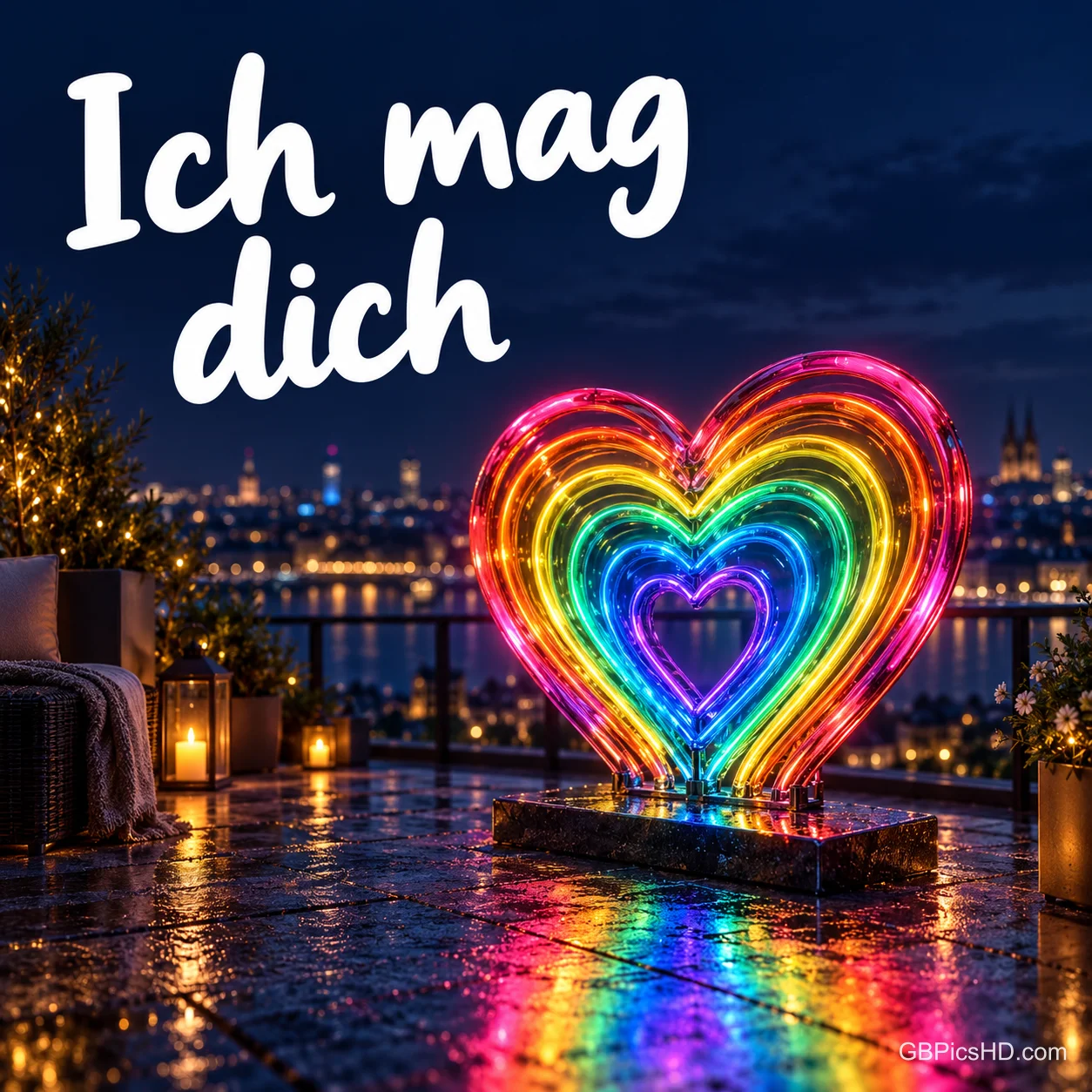 Ein leuchtendes Neonherz in Regenbogenfarben spiegelt sich auf einer nächtlichen Terrasse über der Stadt, dazu "Ich mag dich".