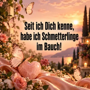 Schmetterlinge, Rosen und ein Rosenquarzherz vor einem Sonnenuntergang am Meer, dazu "Seit ich Dich kenne, habe ich Schmetterlinge im Bauch!".