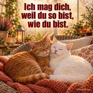 Zwei Katzen kuscheln auf einem Korbsessel im Sonnenlicht unter "Ich mag dich, weil du so bist, wie du bist.".