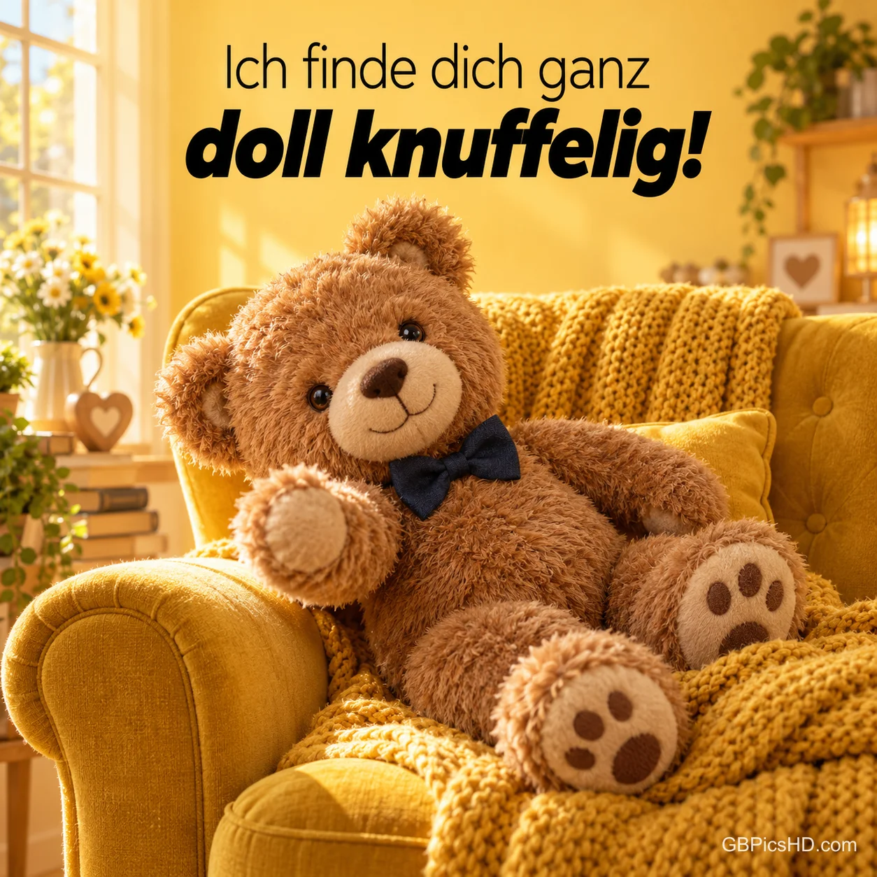 Ein Teddybär mit Fliege sitzt in einem gelben Sessel im sonnigen Zimmer, darüber "Ich finde dich ganz doll knuffelig!".