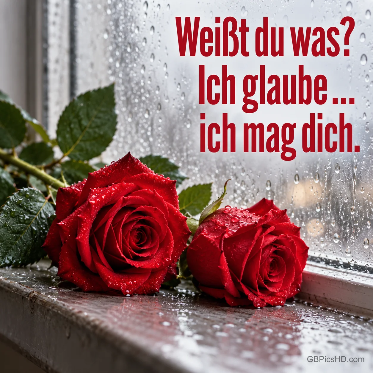 Zwei rote Rosen auf einer regennassen Fensterbank mit dem Text "Weißt du was? Ich glaube … ich mag dich."