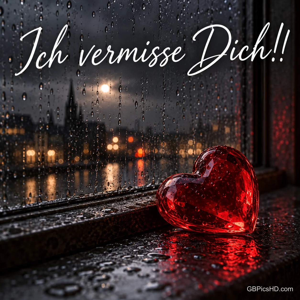Ein rotes Glasherz liegt auf einer regennassen Fensterbank vor der nächtlichen Stadt, darüber steht "Ich vermisse Dich!!". Ein rotes Glasherz liegt auf einer regennassen Fensterbank vor der nächtlichen Stadt, darüber steht "Ich vermisse Dich!!".
