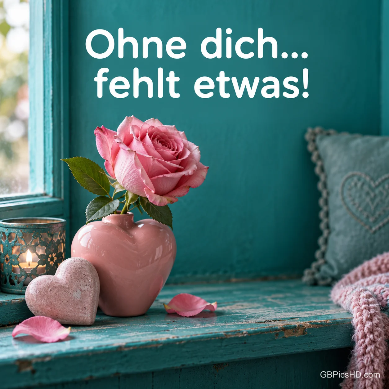Eine rosa Rose in einer Herzvase und ein Steinherz auf einer türkisfarbenen Fensterbank, dazu "Ohne dich... fehlt etwas!". Eine rosa Rose in einer Herzvase und ein Steinherz auf einer türkisfarbenen Fensterbank, dazu "Ohne dich... fehlt etwas!".