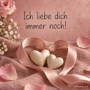 Zwei weiße Herzen liegen in einer rosa Satinschleife zwischen Rosenblättern, darüber steht "Ich liebe dich immer noch!".