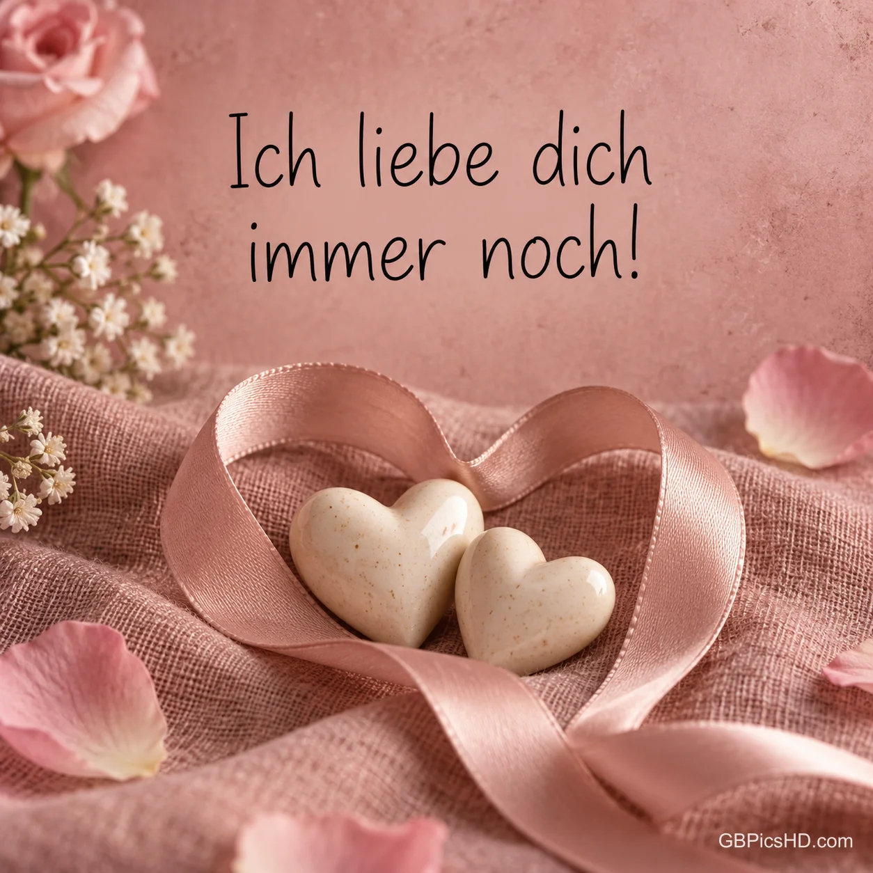 Zwei weiße Herzen liegen in einer rosa Satinschleife zwischen Rosenblättern, darüber steht "Ich liebe dich immer noch!". Zwei weiße Herzen liegen in einer rosa Satinschleife zwischen Rosenblättern, darüber steht "Ich liebe dich immer noch!".