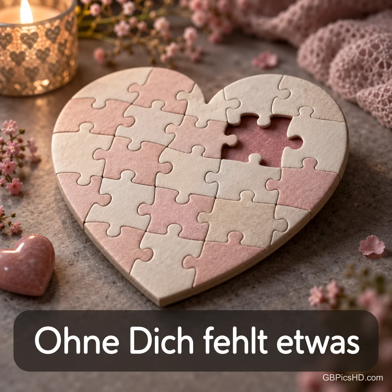 Ein Puzzleherz, in dem ein Teil fehlt, liegt neben Kerzenlicht und Blüten, darunter "Ohne Dich fehlt etwas". Ein Puzzleherz, in dem ein Teil fehlt, liegt neben Kerzenlicht und Blüten, darunter "Ohne Dich fehlt etwas".