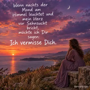 Eine Frau sitzt abgewandt auf einer Steinmauer über dem Meer bei Sonnenuntergang und Mondsichel, dazu "Ich vermisse Dich."