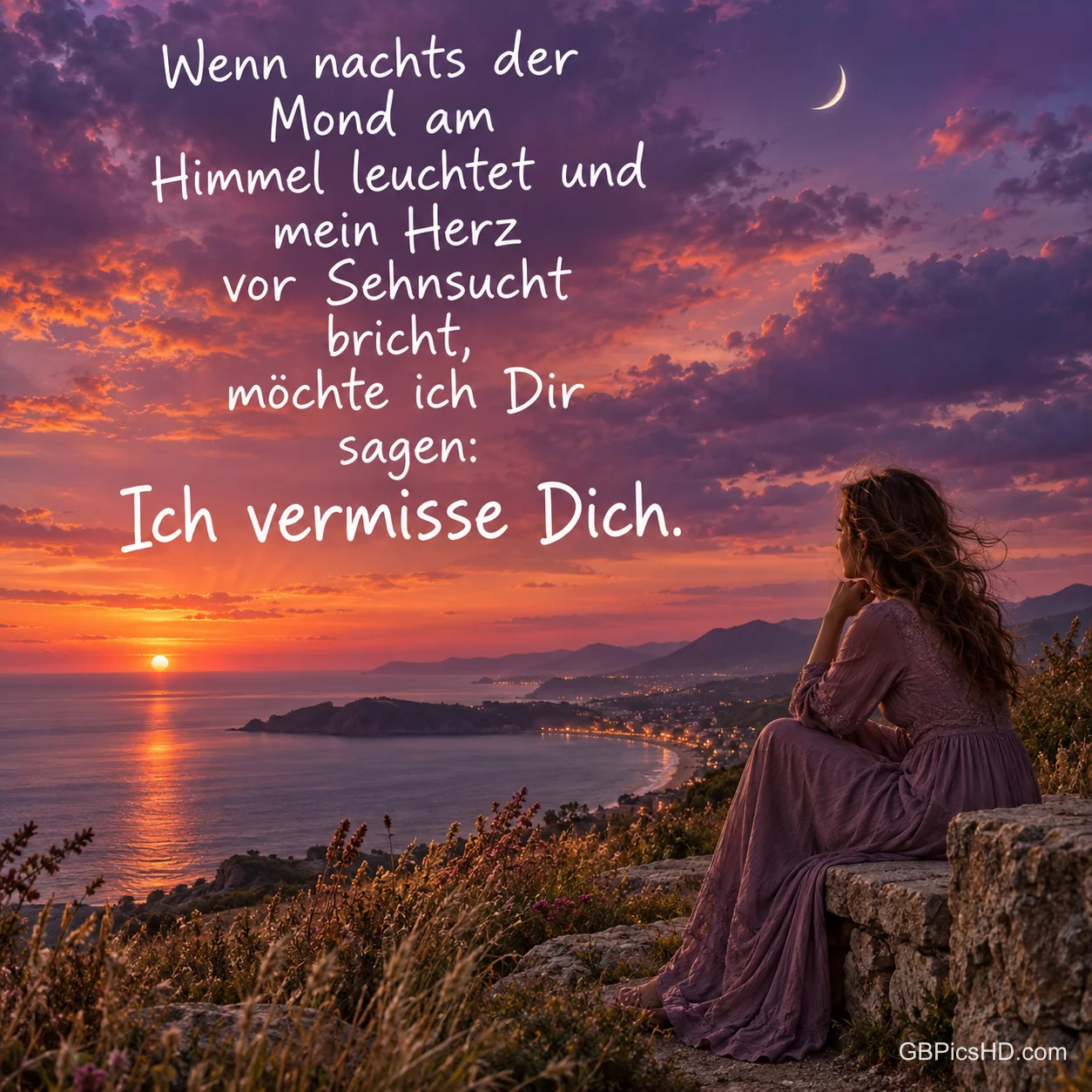Eine Frau sitzt abgewandt auf einer Steinmauer über dem Meer bei Sonnenuntergang und Mondsichel, dazu "Ich vermisse Dich." Eine Frau sitzt abgewandt auf einer Steinmauer über dem Meer bei Sonnenuntergang und Mondsichel, dazu "Ich vermisse Dich."