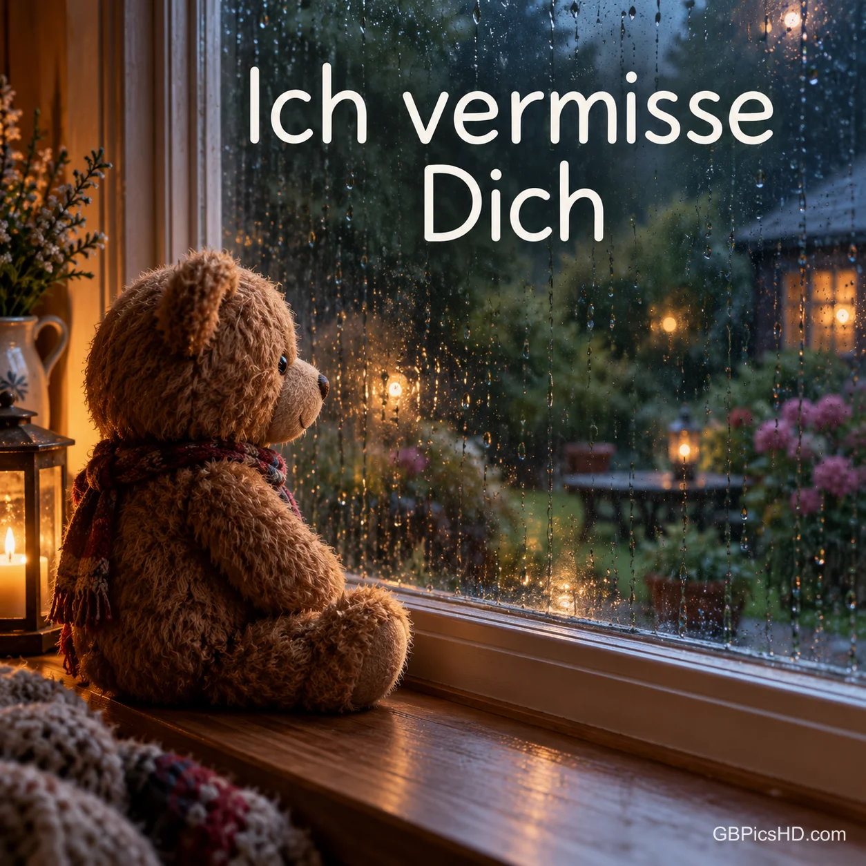 Ein Teddybär sitzt am regennassen Fenster und schaut in den abendlichen Garten, darüber steht "Ich vermisse Dich". Ein Teddybär sitzt am regennassen Fenster und schaut in den abendlichen Garten, darüber steht "Ich vermisse Dich".