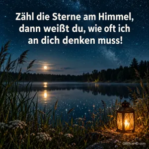 Ein Sternenhimmel über einem nächtlichen See mit Laterne im Gras und dem Spruch "Zähl die Sterne am Himmel, dann weißt du, wie oft ich an dich denken muss!".