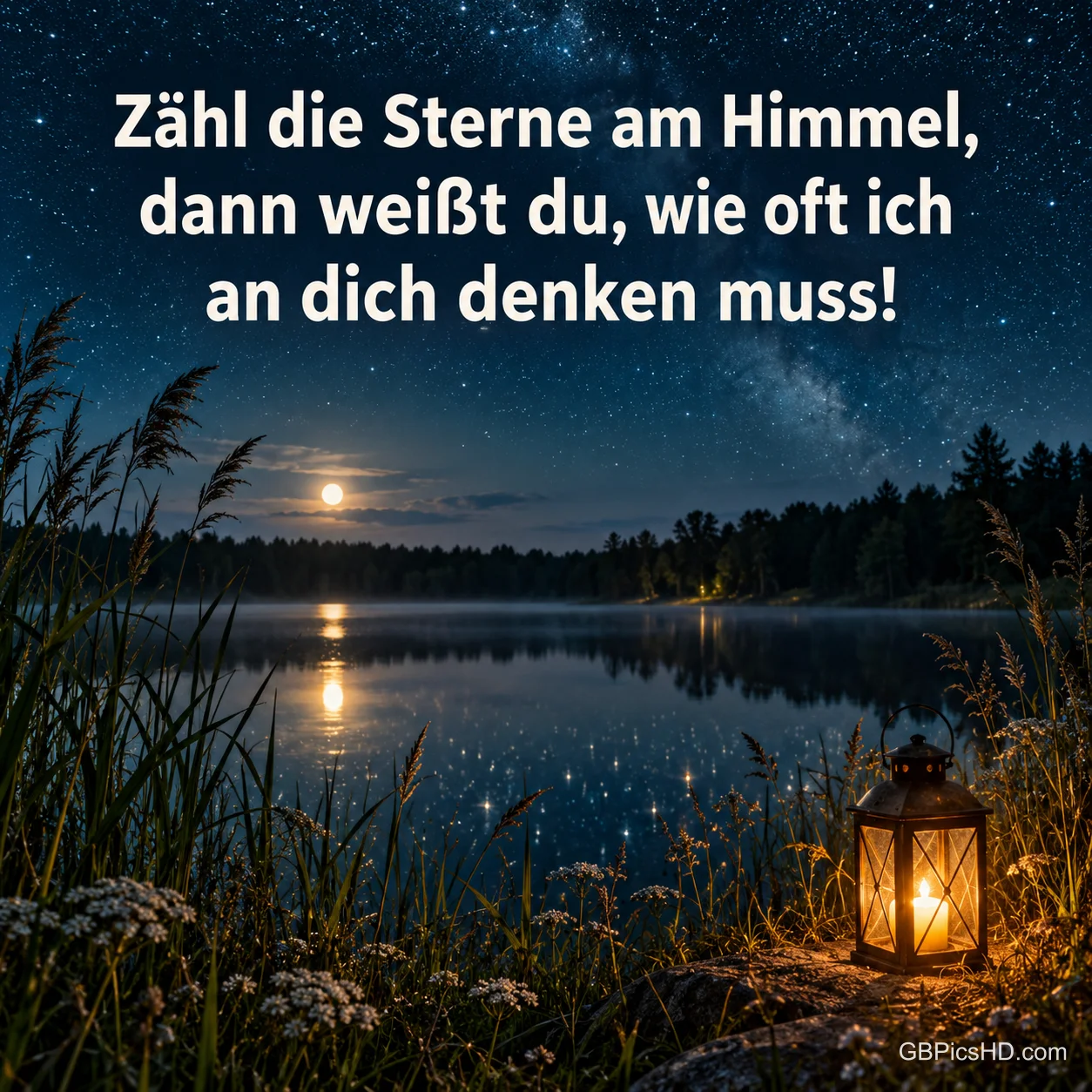 Ein Sternenhimmel über einem nächtlichen See mit Laterne im Gras und dem Spruch "Zähl die Sterne am Himmel, dann weißt du, wie oft ich an dich denken muss!". Ein Sternenhimmel über einem nächtlichen See mit Laterne im Gras und dem Spruch "Zähl die Sterne am Himmel, dann weißt du, wie oft ich an dich denken muss!".