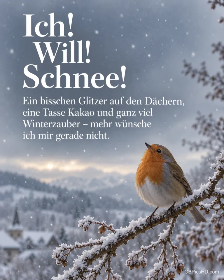 Ein Rotkehlchen sitzt auf einem verschneiten Zweig vor einer Winterlandschaft mit fallendem Schnee, dazu "Ich! Will! Schnee!".