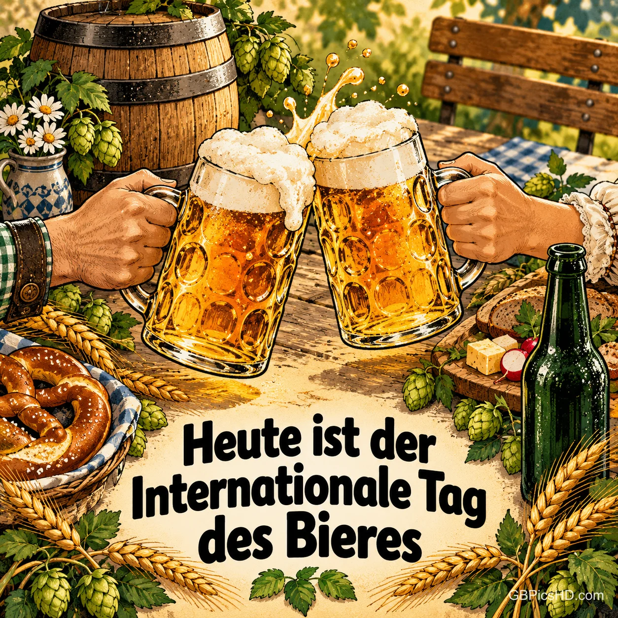 Zwei Hände stoßen mit schäumenden Maßkrügen über einem Biergartentisch an, umgeben von Holzfass, Brezeln, Hopfen, Ähren und einer Flasche, mit Gruß zum Tag des Bieres Zwei Hände stoßen mit schäumenden Maßkrügen über einem Biergartentisch an, umgeben von Holzfass, Brezeln, Hopfen, Ähren und einer Flasche, mit Gruß zum Tag des Bieres