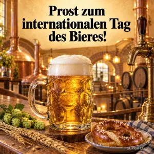Ein schäumender Bierkrug steht mit Brezel und Hopfen in einer Brauerei unter "Prost zum internationalen Tag des Bieres!".