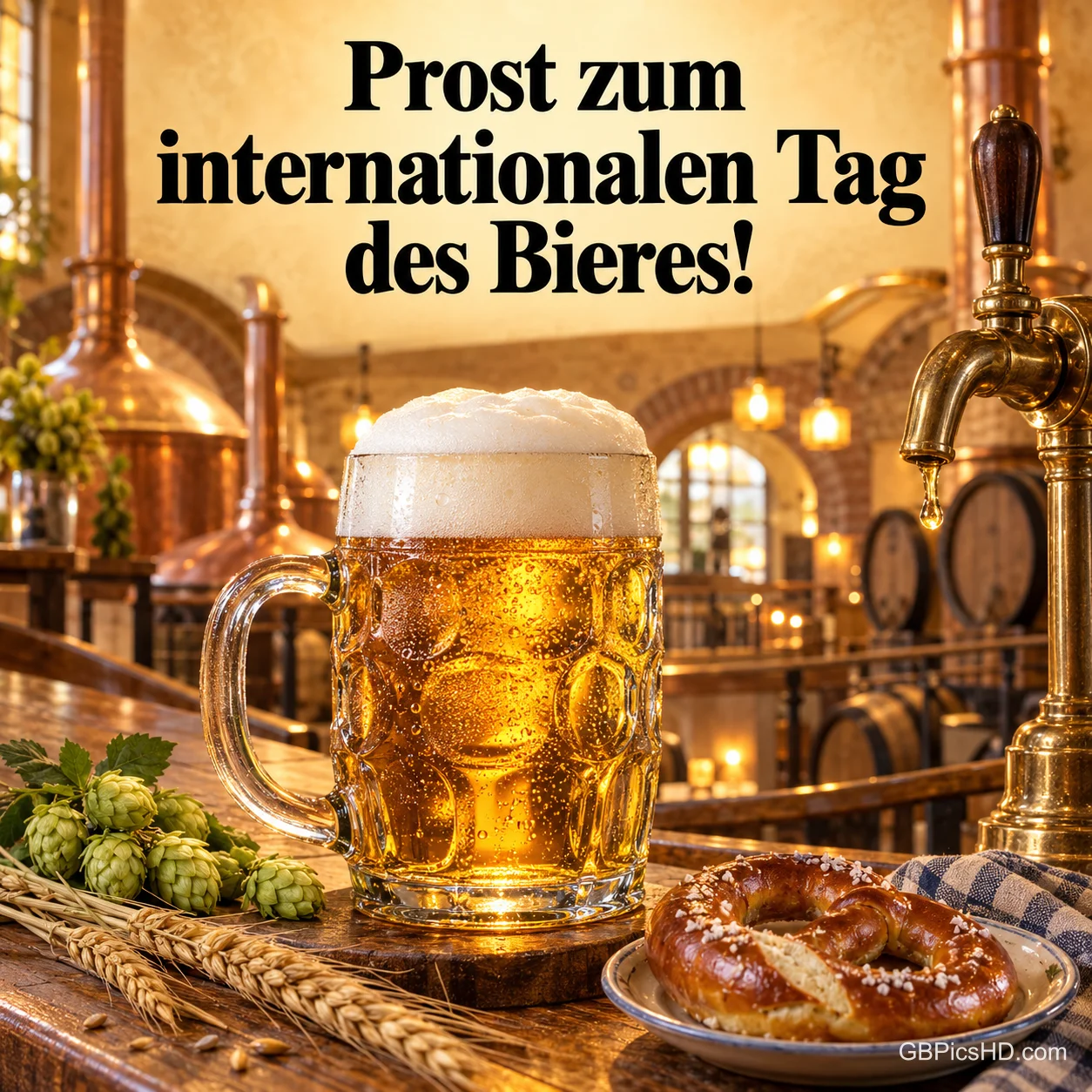 Ein schäumender Bierkrug steht mit Brezel und Hopfen in einer Brauerei unter "Prost zum internationalen Tag des Bieres!". Ein schäumender Bierkrug steht mit Brezel und Hopfen in einer Brauerei unter "Prost zum internationalen Tag des Bieres!".