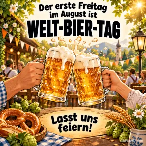 Zwei Maßkrüge mit Schaumkrone werden in einem festlich geschmückten Biergarten mit Wimpelketten, Laterne, Brezeln und Hopfen aneinandergestoßen, Text zum Welt-Bier-Tag