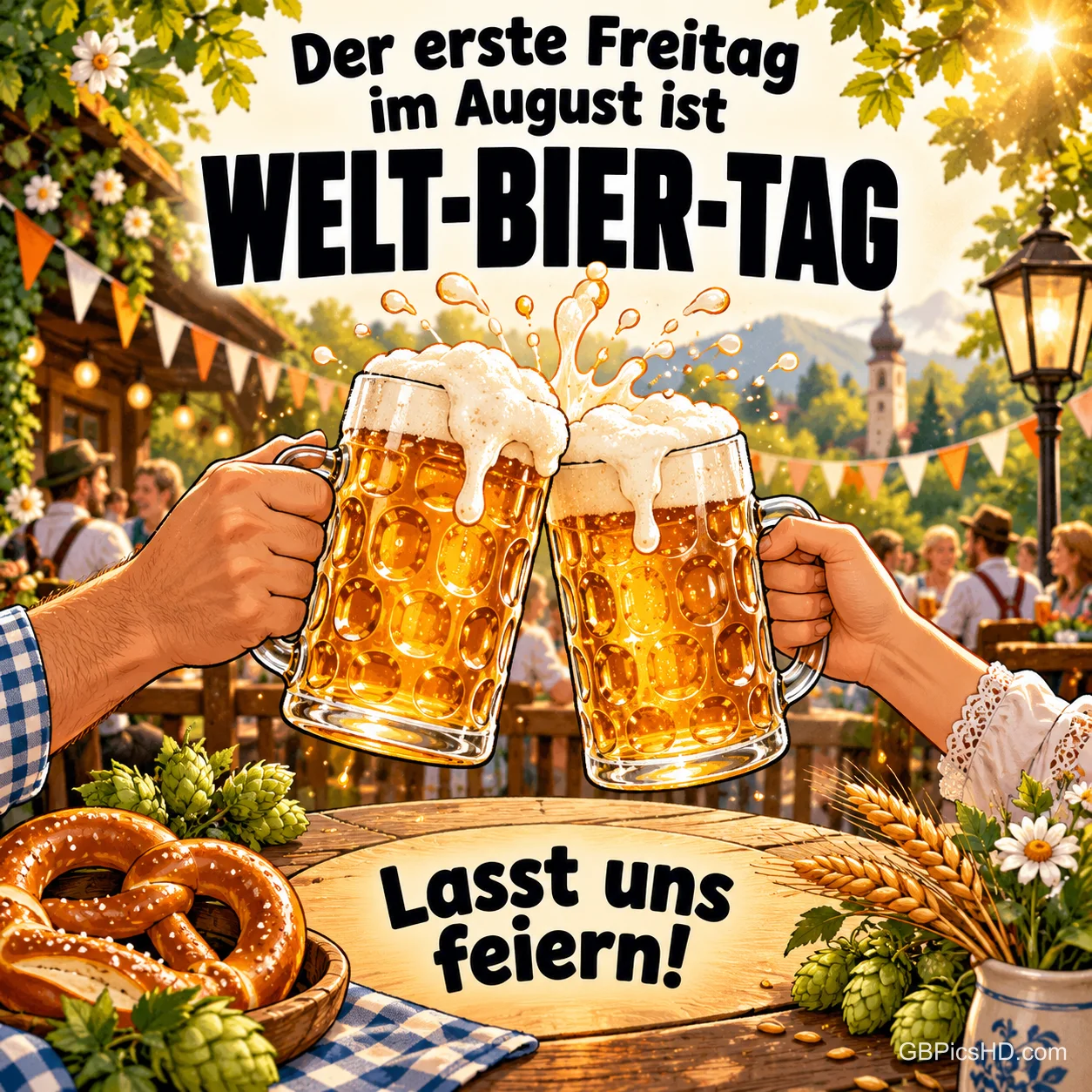 Zwei Maßkrüge mit Schaumkrone werden in einem festlich geschmückten Biergarten mit Wimpelketten, Laterne, Brezeln und Hopfen aneinandergestoßen, Text zum Welt-Bier-Tag Zwei Maßkrüge mit Schaumkrone werden in einem festlich geschmückten Biergarten mit Wimpelketten, Laterne, Brezeln und Hopfen aneinandergestoßen, Text zum Welt-Bier-Tag