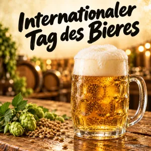 Schäumender Bierkrug auf einem Holztisch mit Hopfen und Gerste vor Holzfässern, dazu der Schriftzug "Internationaler Tag des Bieres"