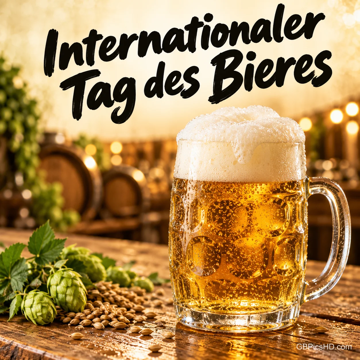 Schäumender Bierkrug auf einem Holztisch mit Hopfen und Gerste vor Holzfässern, dazu der Schriftzug "Internationaler Tag des Bieres" Schäumender Bierkrug auf einem Holztisch mit Hopfen und Gerste vor Holzfässern, dazu der Schriftzug "Internationaler Tag des Bieres"