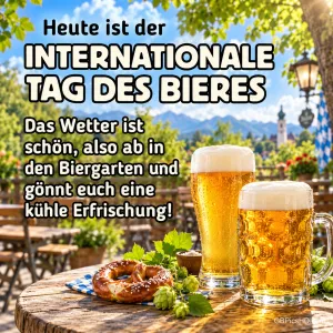 Zwei Biergläser mit Brezel und Hopfen auf einem Tisch im sonnigen Biergarten vor Bergkulisse, dazu der Text zum Internationalen Tag des Bieres