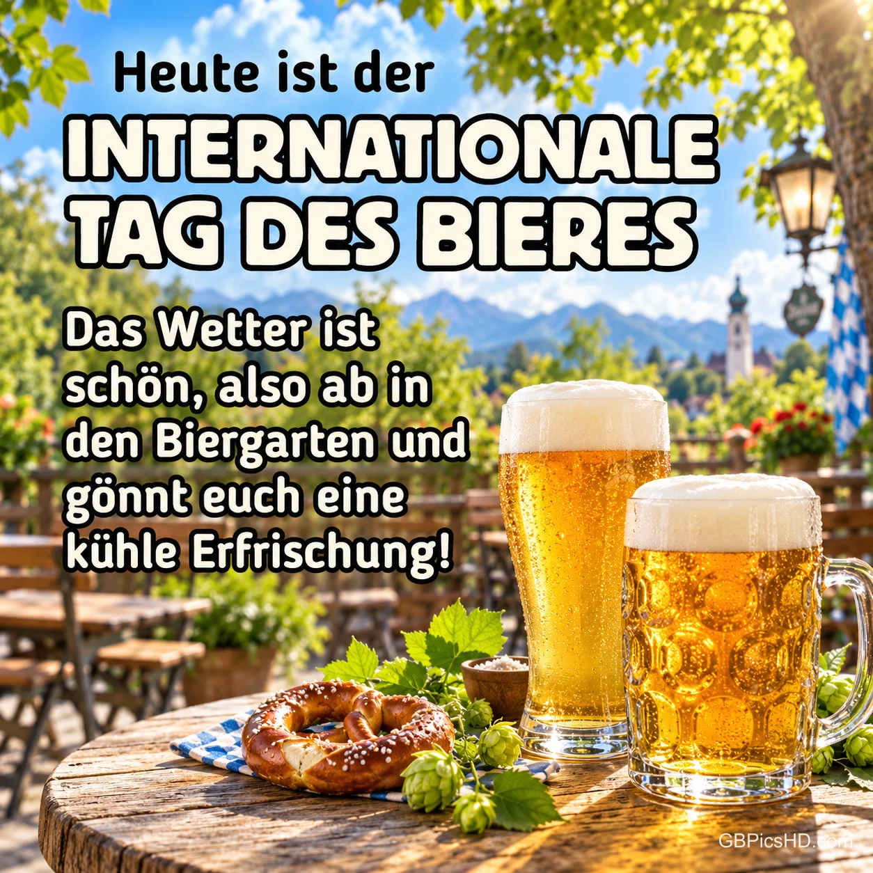 Zwei Biergläser mit Brezel und Hopfen auf einem Tisch im sonnigen Biergarten vor Bergkulisse, dazu der Text zum Internationalen Tag des Bieres Zwei Biergläser mit Brezel und Hopfen auf einem Tisch im sonnigen Biergarten vor Bergkulisse, dazu der Text zum Internationalen Tag des Bieres