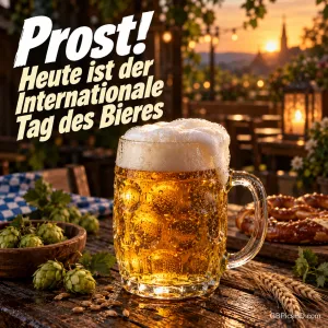 Schäumender Bierkrug mit Hopfen, Brezeln und blau-weißer Tischdecke auf einer Terrasse bei Sonnenuntergang, dazu "Prost! Heute ist der Internationale Tag des Bieres"