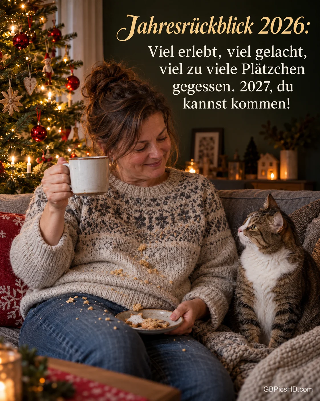 Eine Frau mit Krümeln auf dem Pulli hebt auf dem Sofa ihre Teetasse, eine Katze schaut sie an, dazu „Jahresrückblick 2026“.