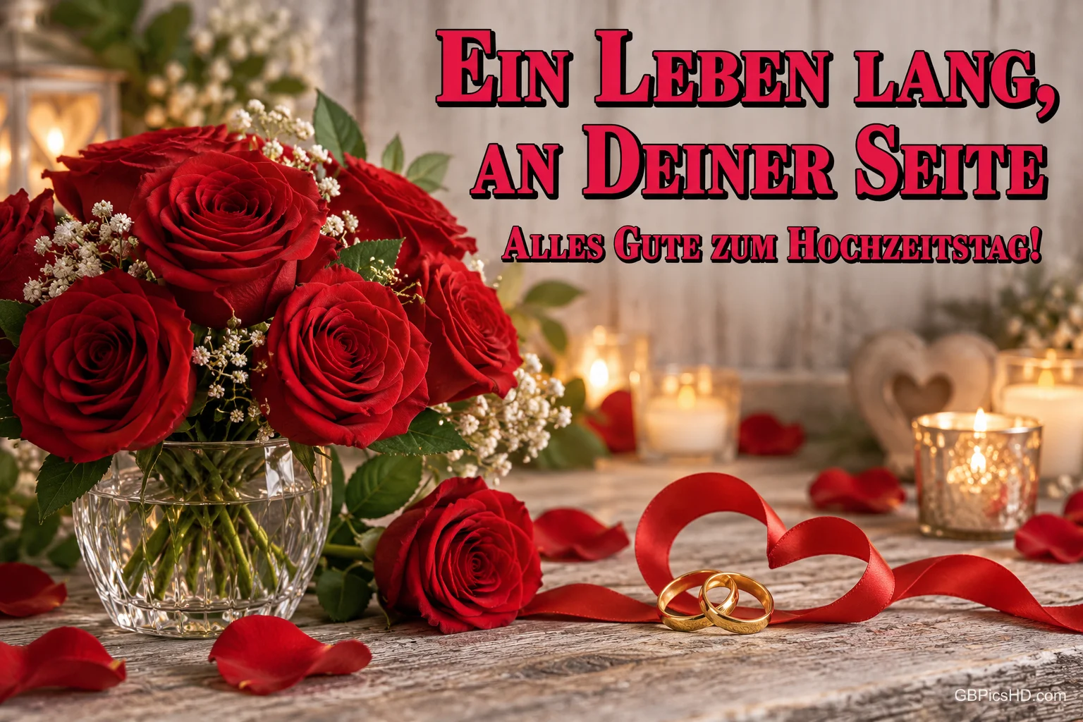 Rote Rosen, Kerzen, Eheringe und ein Herz aus Band begleiten "Ein Leben lang, an deiner Seite Alles Gute zum Hochzeitstag!".